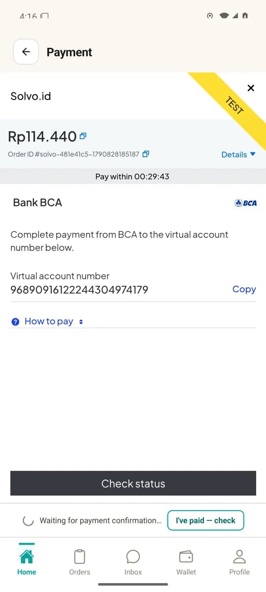 Halaman pembayaran payment gateway di aplikasi Solvo: nomor virtual account BCA dan total Rp 114.440 (mode uji)