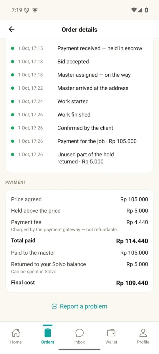 Rincian pesanan selesai di Solvo: riwayat status dan rincian pembayaran, total dibayar Rp 114.440